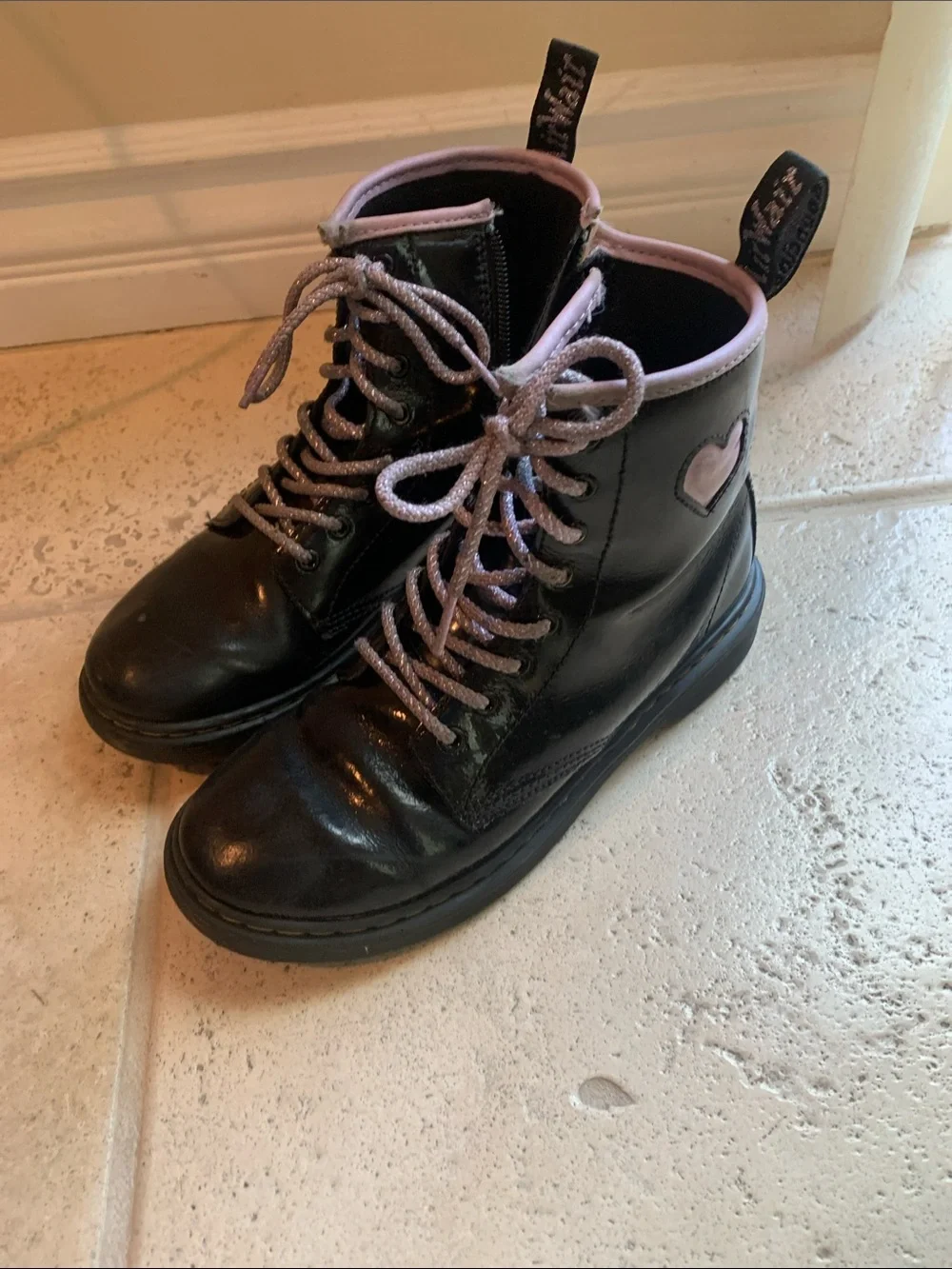 Dr. Martens Black Kids Lace-Up Boots with purple Trim and Heart